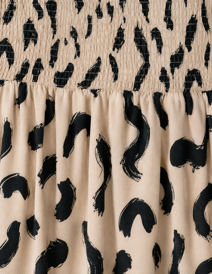 Beige Leopard Print Smocked Midi Dress