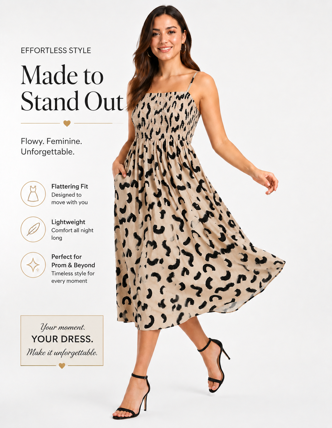 Beige Leopard Print Smocked Midi Dress
