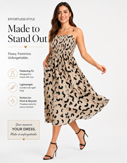 Beige Leopard Print Smocked Midi Dress