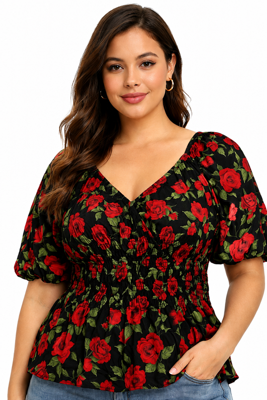 MultiColor Floral Print Smocked Cotton Top