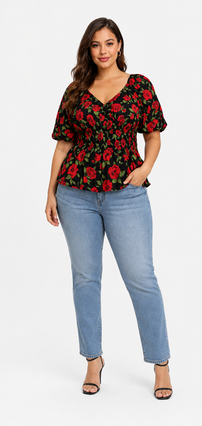 MultiColor Floral Print Smocked Cotton Top
