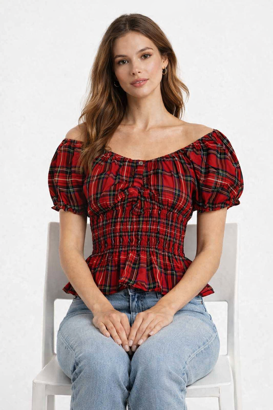 Black & Red Floral Print Smocked Cotton Top