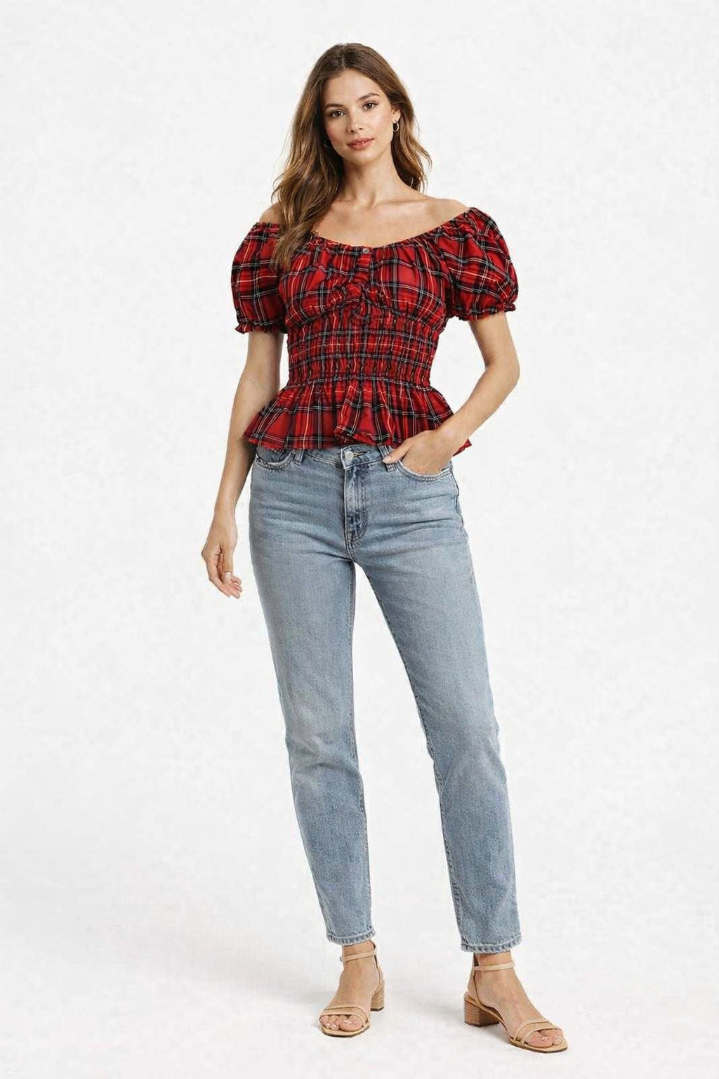 Black & Red Floral Print Smocked Cotton Top