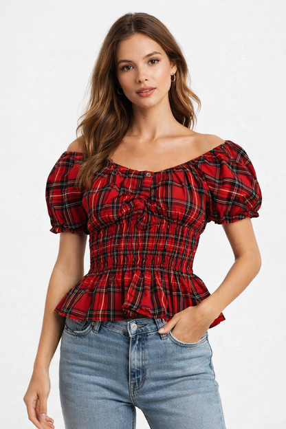Black & Red Floral Print Smocked Cotton Top