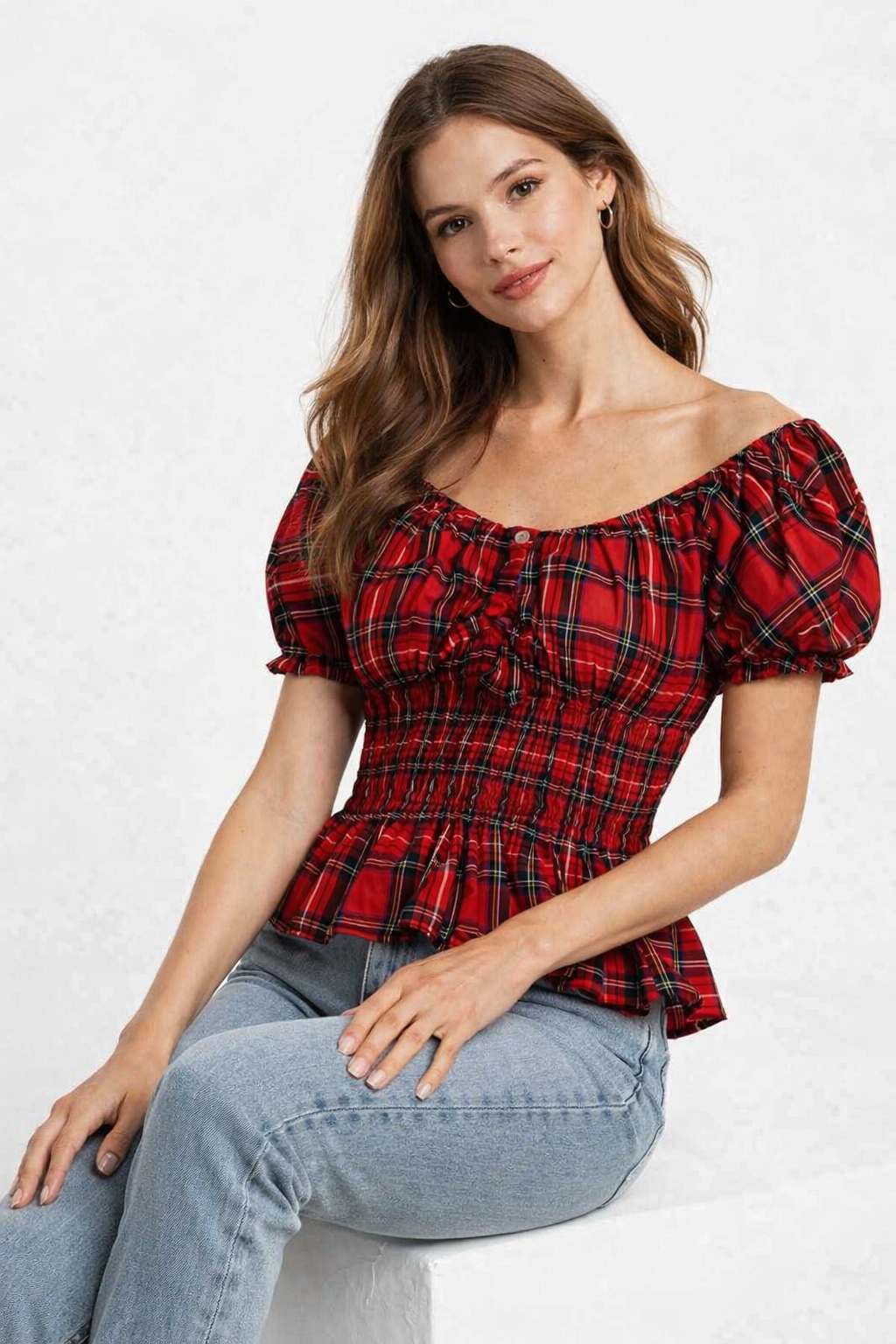 Black & Red Floral Print Smocked Cotton Top