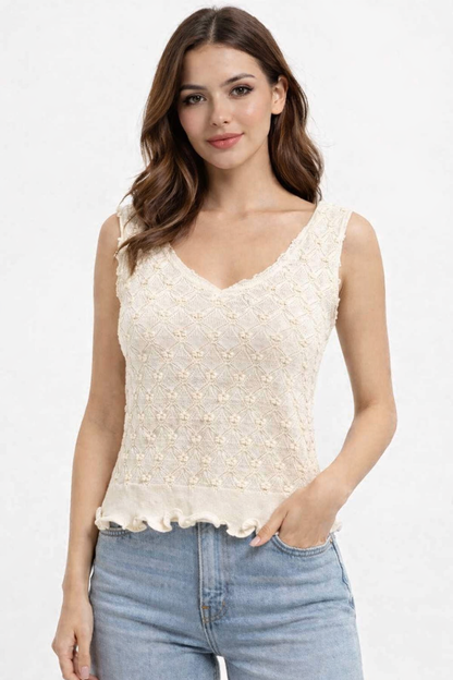 Beige Self Design Sleeveless V-Neck Knit Top