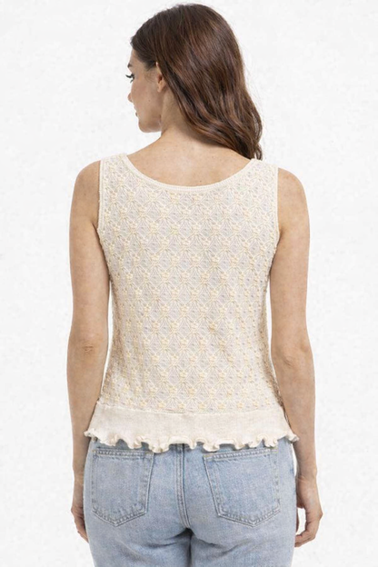 Beige Self Design Sleeveless V-Neck Knit Top