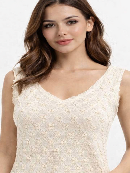 Beige Self Design Sleeveless V-Neck Knit Top