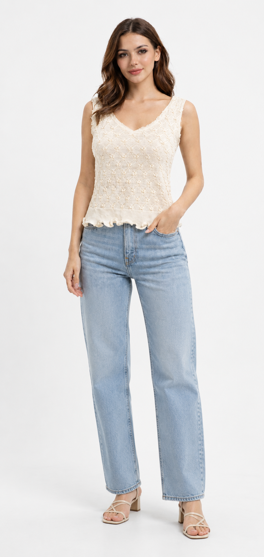 Beige Self Design Sleeveless V-Neck Knit Top
