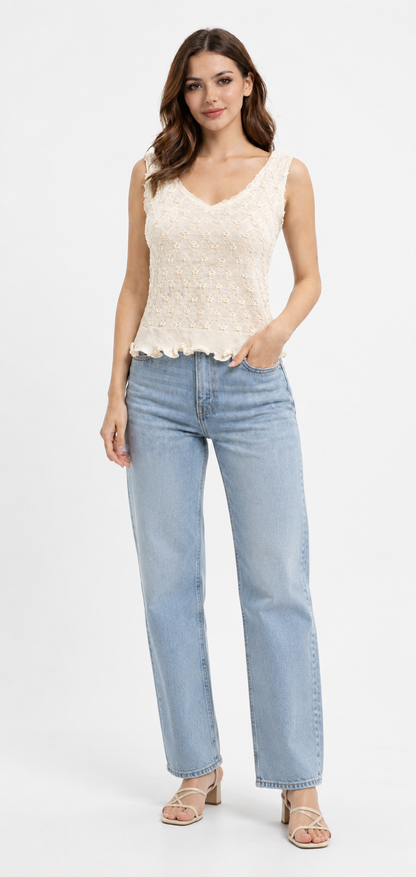 Beige Self Design Sleeveless V-Neck Knit Top