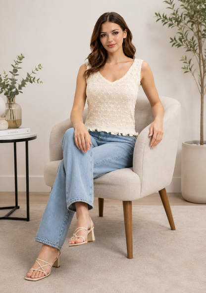 Beige Self Design Sleeveless V-Neck Knit Top