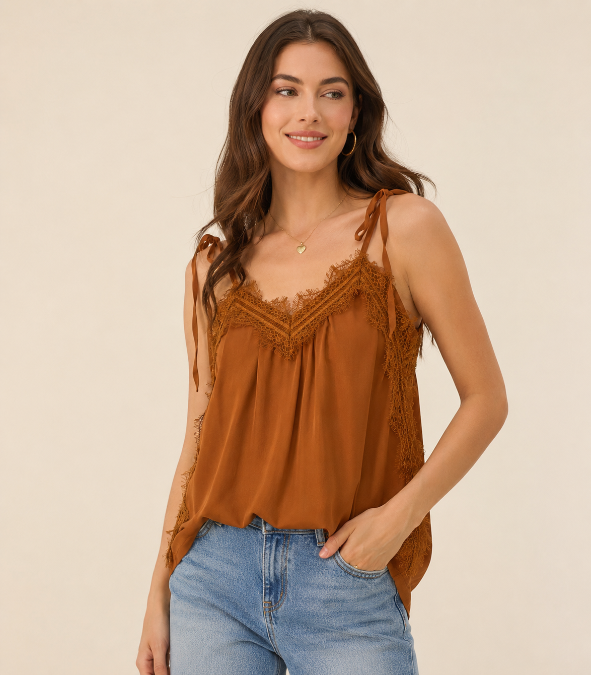 Brown Lace Detail Sleeveless Cami Top