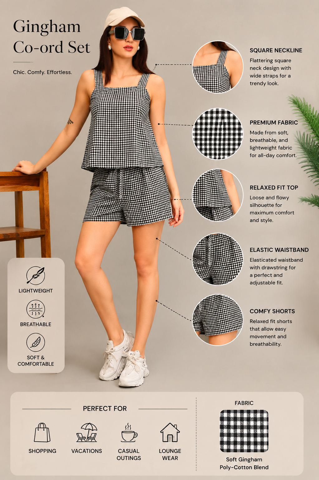 Black Cotton Co-Ord Set with Square Neck Top & Shorts