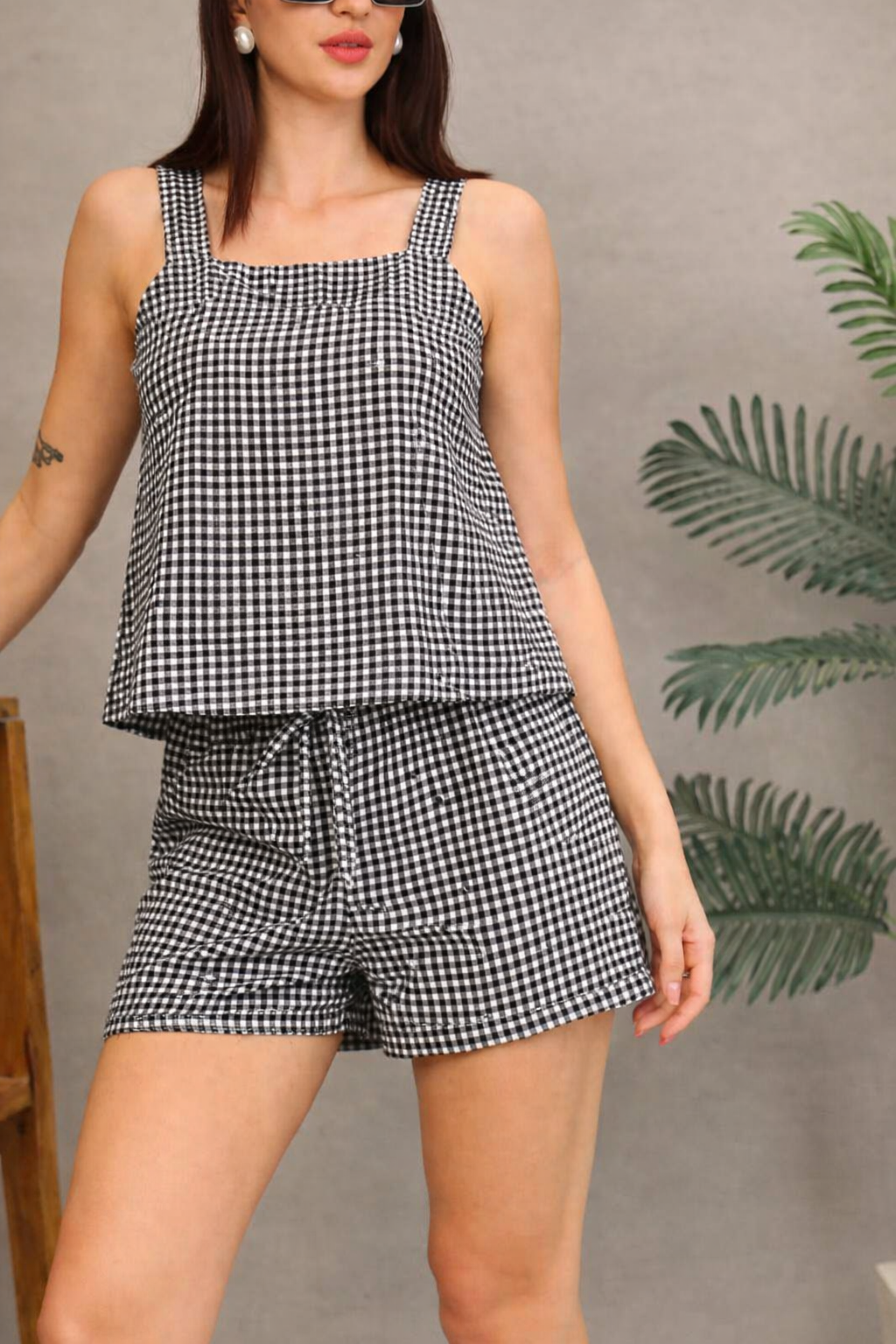 Black Cotton Co-Ord Set with Square Neck Top & Shorts