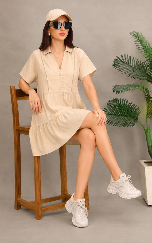 Beige Tiered Mini Dress with V-Neck Collar & Pockets
