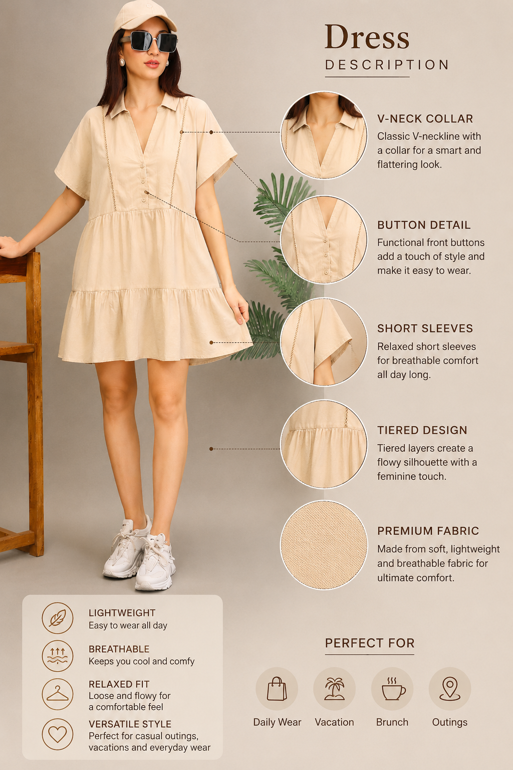 Beige Tiered Mini Dress with V-Neck Collar & Pockets
