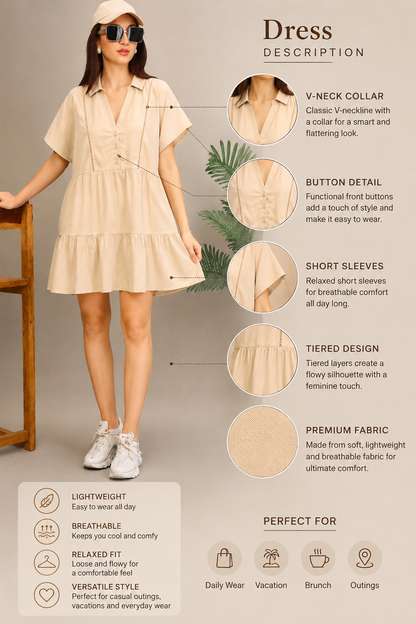 Beige Tiered Mini Dress with V-Neck Collar & Pockets