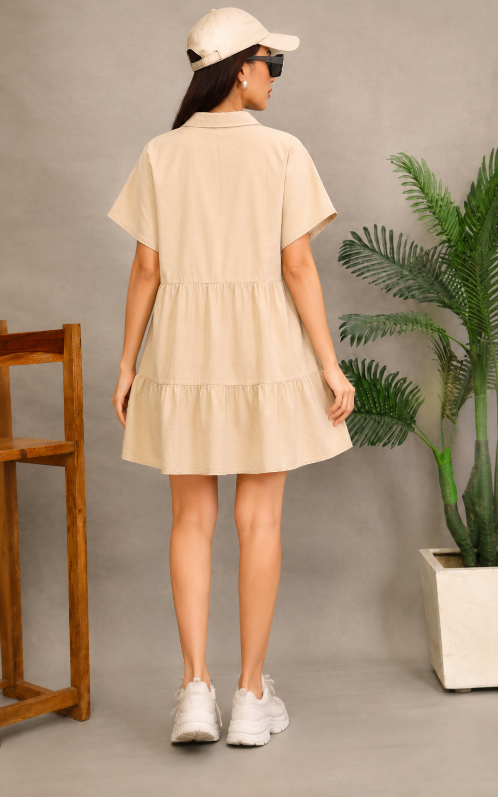 Beige Tiered Mini Dress with V-Neck Collar & Pockets