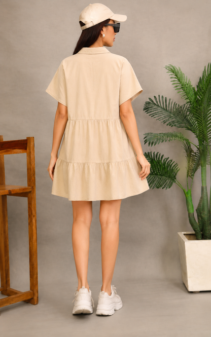 Beige Tiered Mini Dress with V-Neck Collar & Pockets