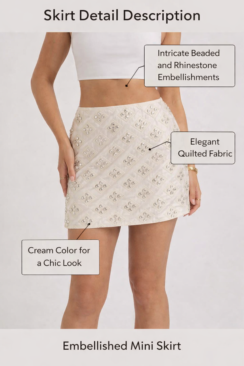 Cream Embellished Mini Skirt | High-Rise A-Line Skirt with Side Zip & Inner Lining