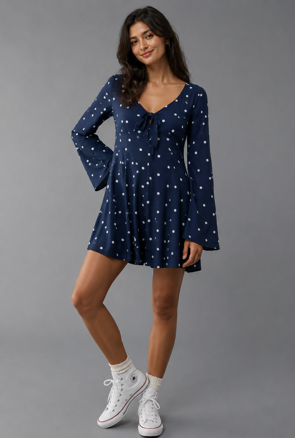 Navy Blue Polka Dot V-Neck Tie-Up A-Line Mini Dress
