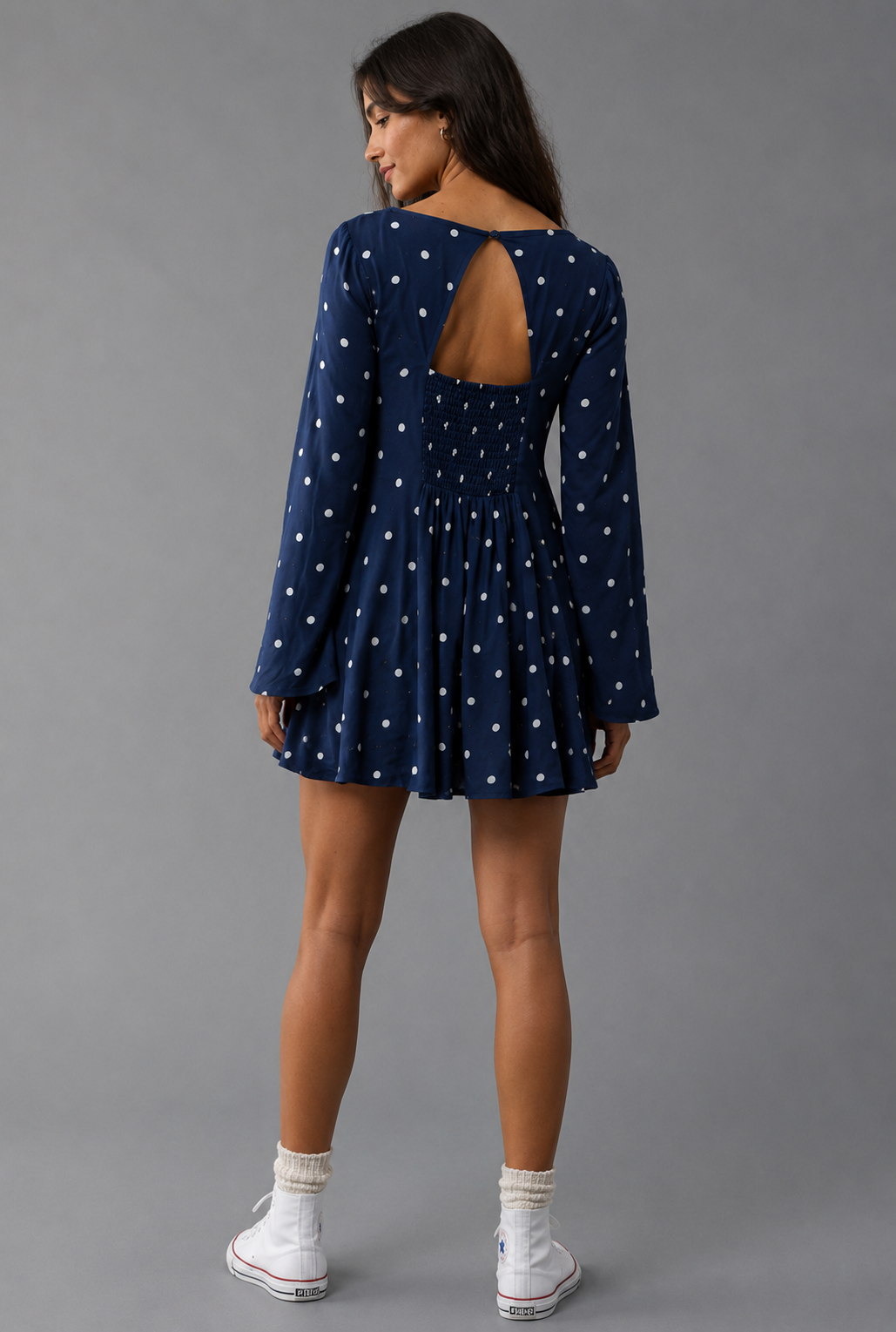 Navy Blue Polka Dot V-Neck Tie-Up A-Line Mini Dress