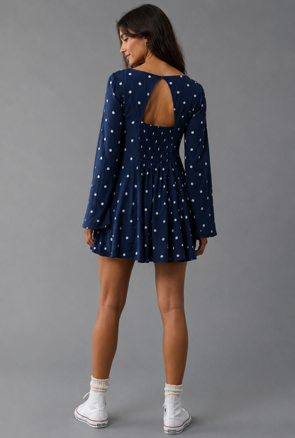 Navy Blue Polka Dot V-Neck Tie-Up A-Line Mini Dress