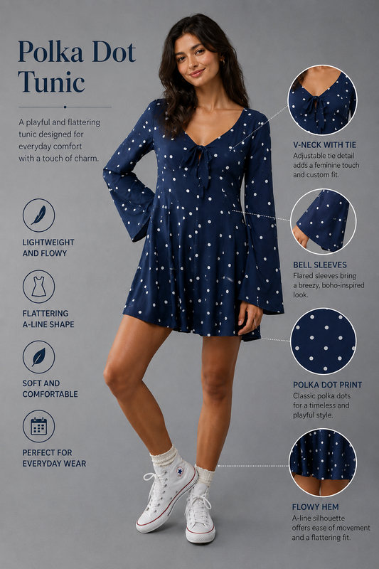 Navy Blue Polka Dot V-Neck Tie-Up A-Line Mini Dress