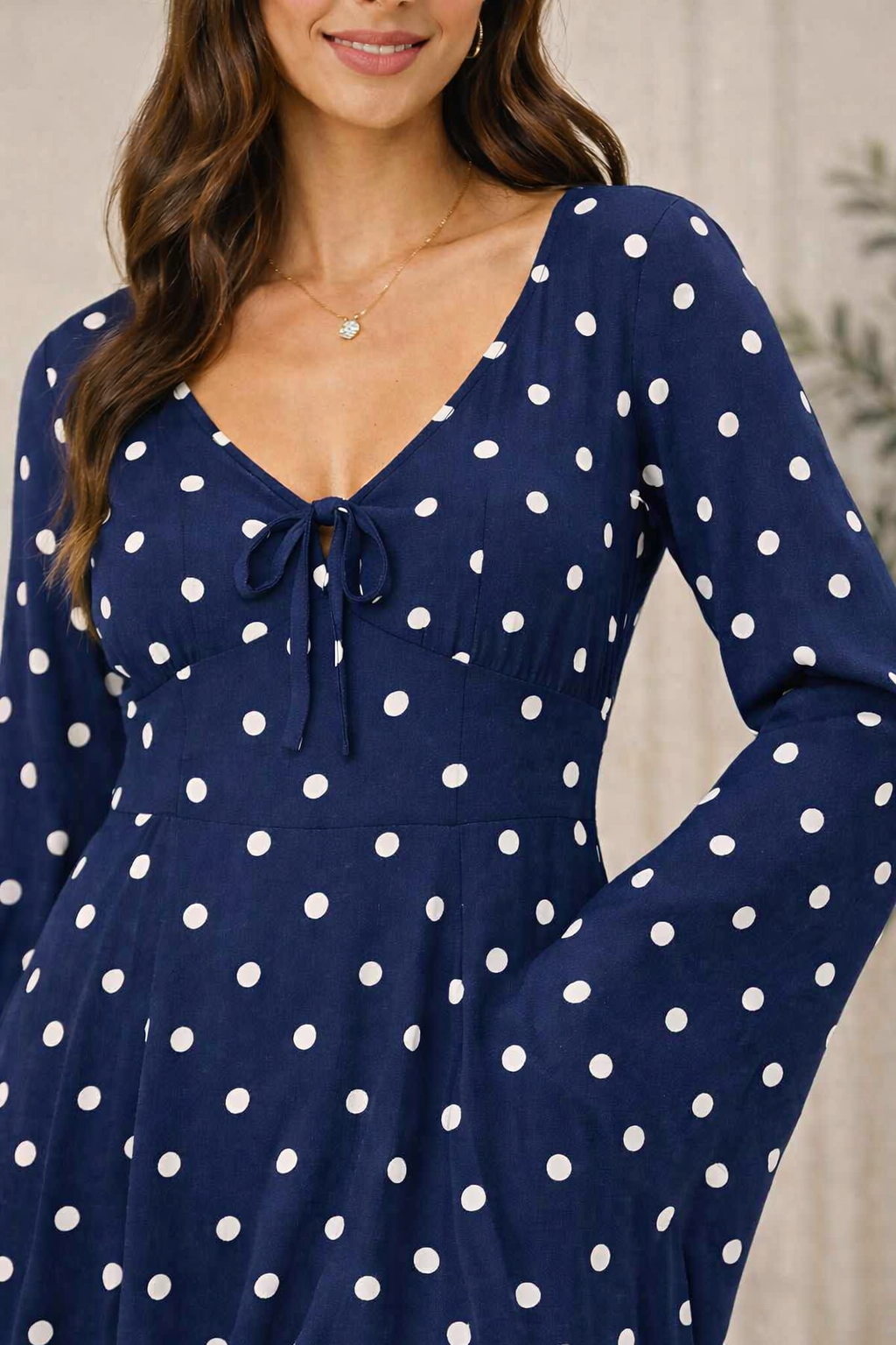 Navy Blue Polka Dot V-Neck Tie-Up A-Line Mini Dress