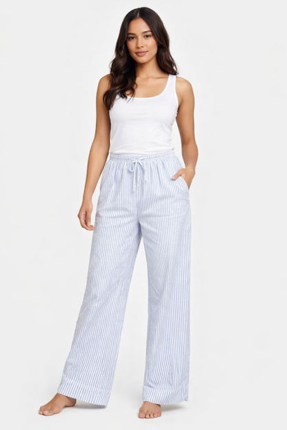 Light Blue Striped Wide Leg Lounge Pants with Drawstring Waist