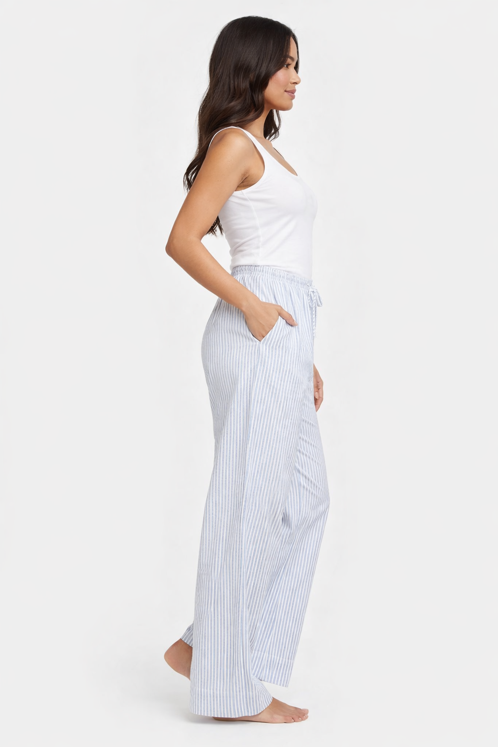 Light Blue Striped Wide Leg Lounge Pants with Drawstring Waist
