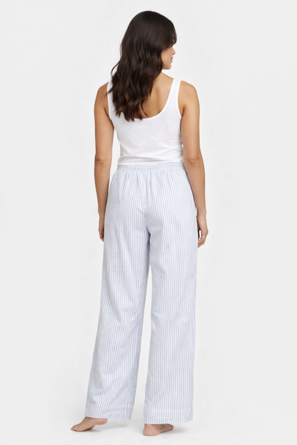 Light Blue Striped Wide Leg Lounge Pants with Drawstring Waist