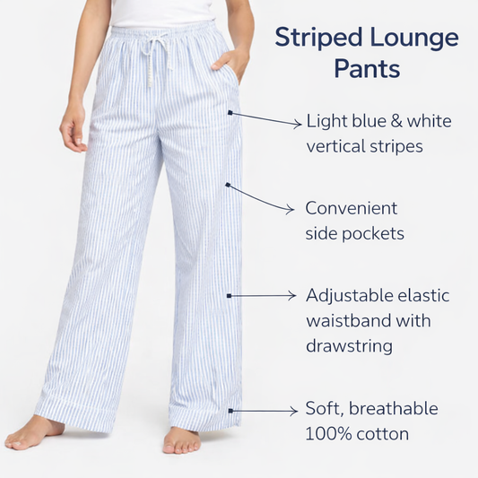 Light Blue Striped Wide Leg Lounge Pants with Drawstring Waist