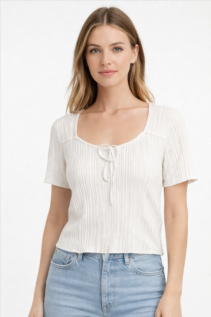 White Ribbed Knit Tie-Up Square Neck Top