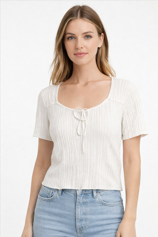 White Ribbed Knit Tie-Up Square Neck Top