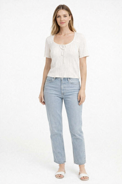 White Ribbed Knit Tie-Up Square Neck Top