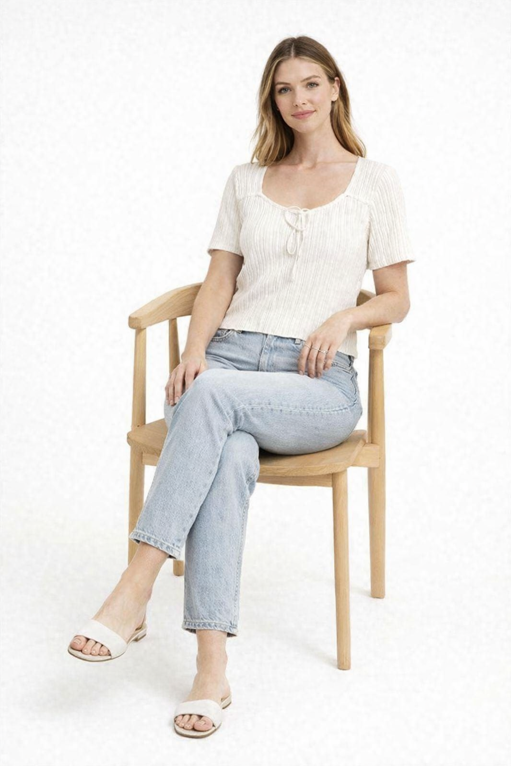 White Ribbed Knit Tie-Up Square Neck Top