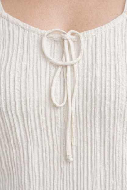White Ribbed Knit Tie-Up Square Neck Top