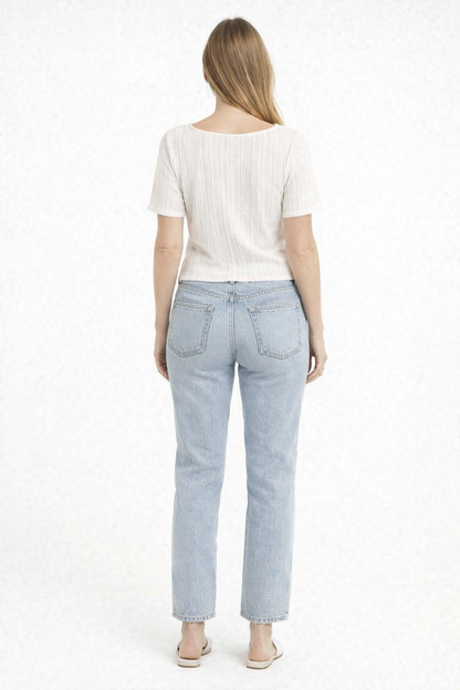 White Ribbed Knit Tie-Up Square Neck Top