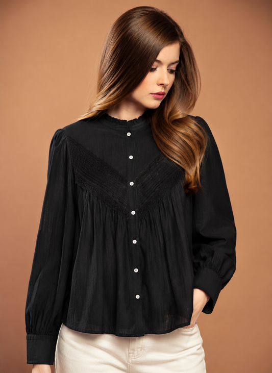 Black Cotton Lace Detail Top | Ruffle Neck Button Front Puff Sleeve Casual Blouse