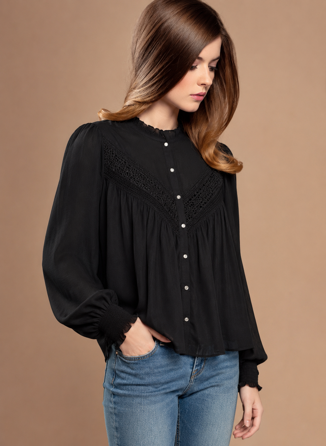 Black Cotton Lace Detail Top | Ruffle Neck Button Front Puff Sleeve Casual Blouse