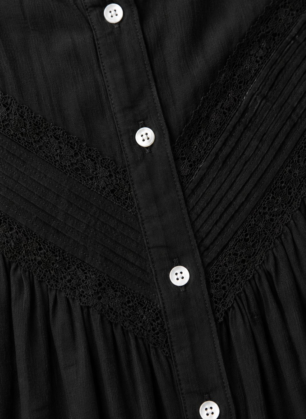 Black Cotton Lace Detail Top | Ruffle Neck Button Front Puff Sleeve Casual Blouse