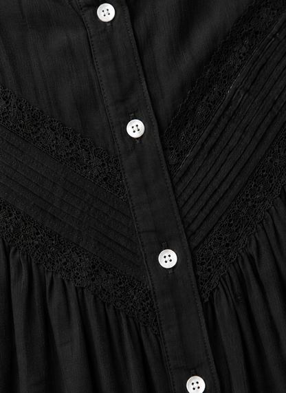Black Cotton Lace Detail Top | Ruffle Neck Button Front Puff Sleeve Casual Blouse