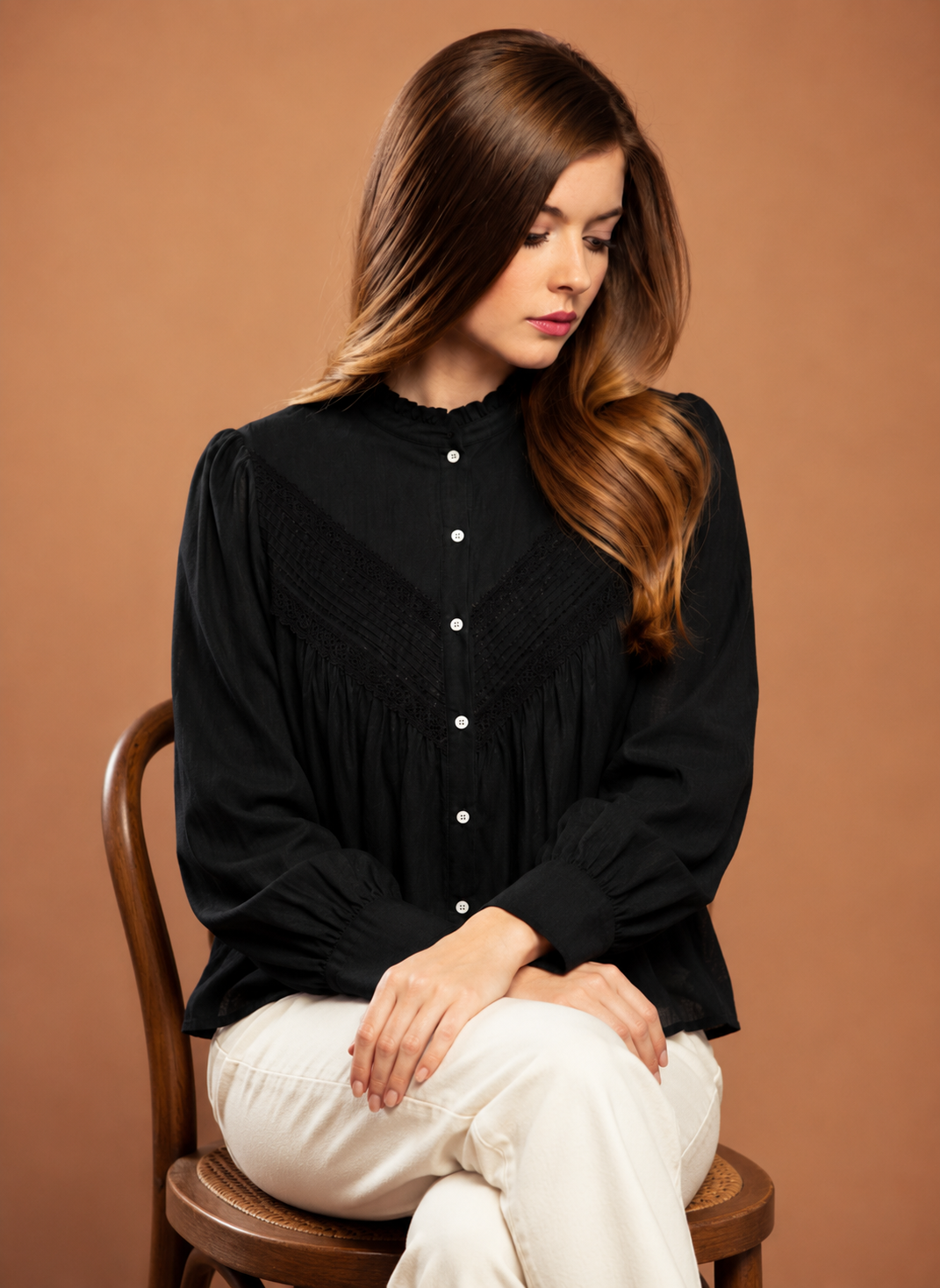 Black Cotton Lace Detail Top | Ruffle Neck Button Front Puff Sleeve Casual Blouse