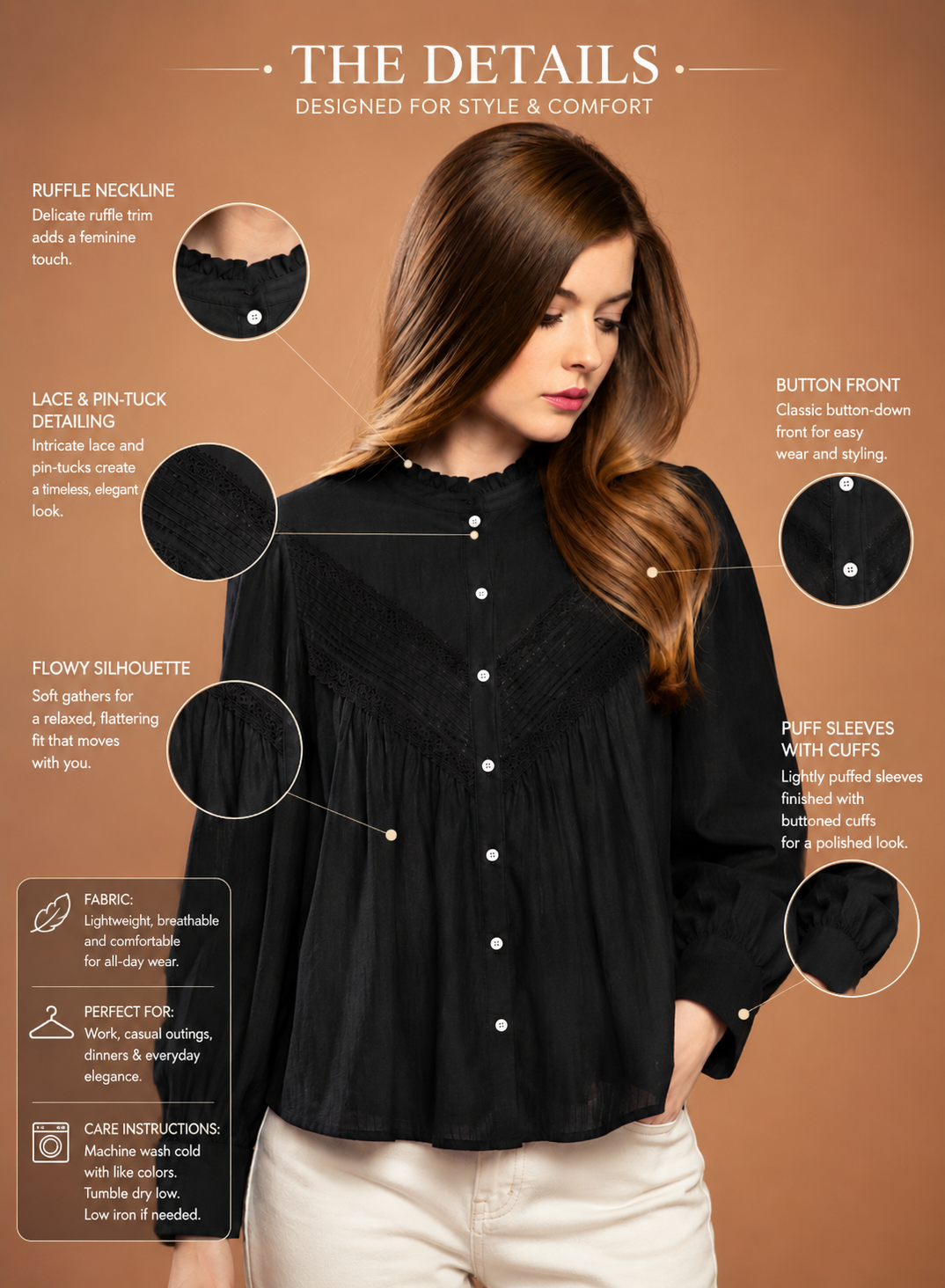 Black Cotton Lace Detail Top | Ruffle Neck Button Front Puff Sleeve Casual Blouse