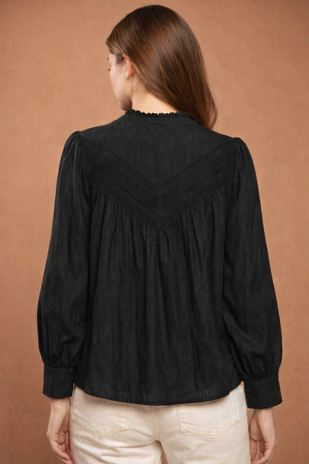 Black Cotton Lace Detail Top | Ruffle Neck Button Front Puff Sleeve Casual Blouse