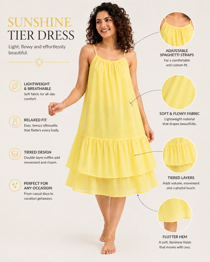 Yellow Tiered Cotton Midi Dress with Adjustable Spaghetti Straps, Side Pockets & Inner Lining