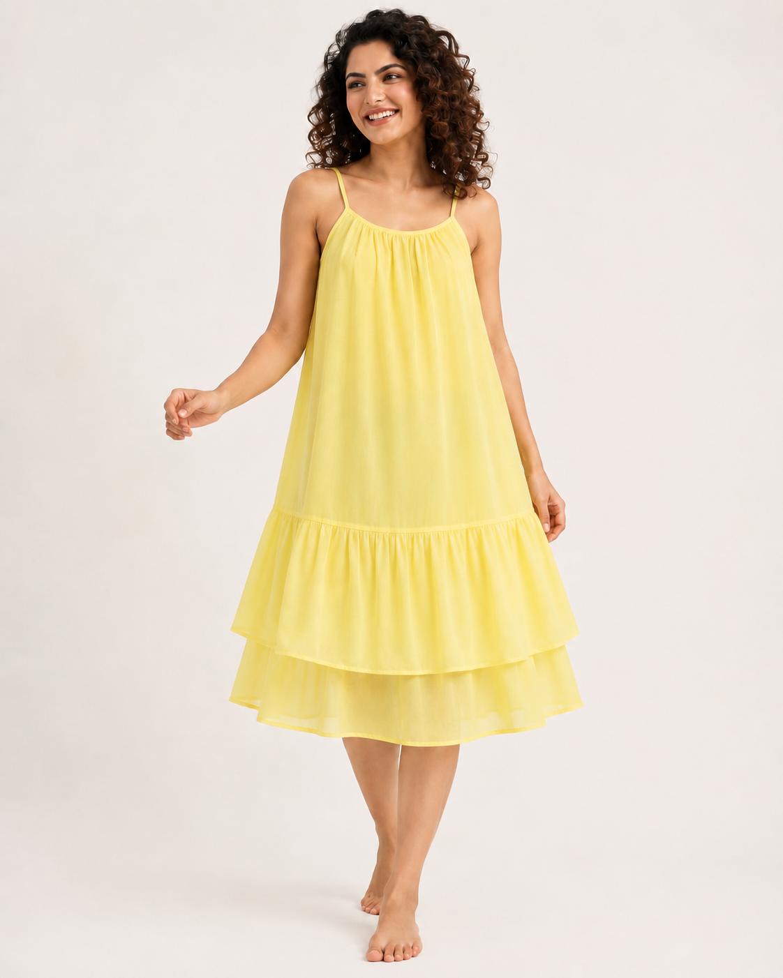 Yellow Tiered Cotton Midi Dress with Adjustable Spaghetti Straps, Side Pockets & Inner Lining