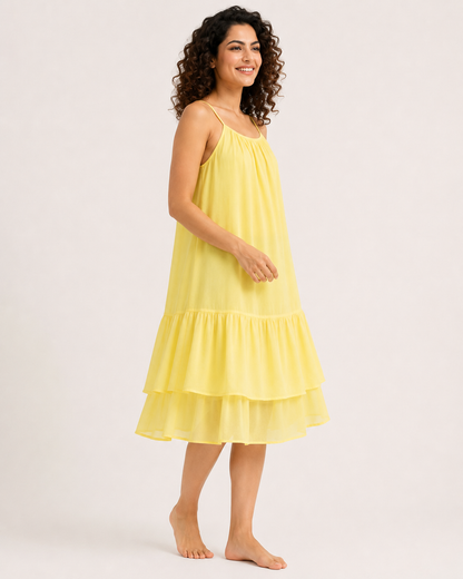 Yellow Tiered Cotton Midi Dress with Adjustable Spaghetti Straps, Side Pockets & Inner Lining
