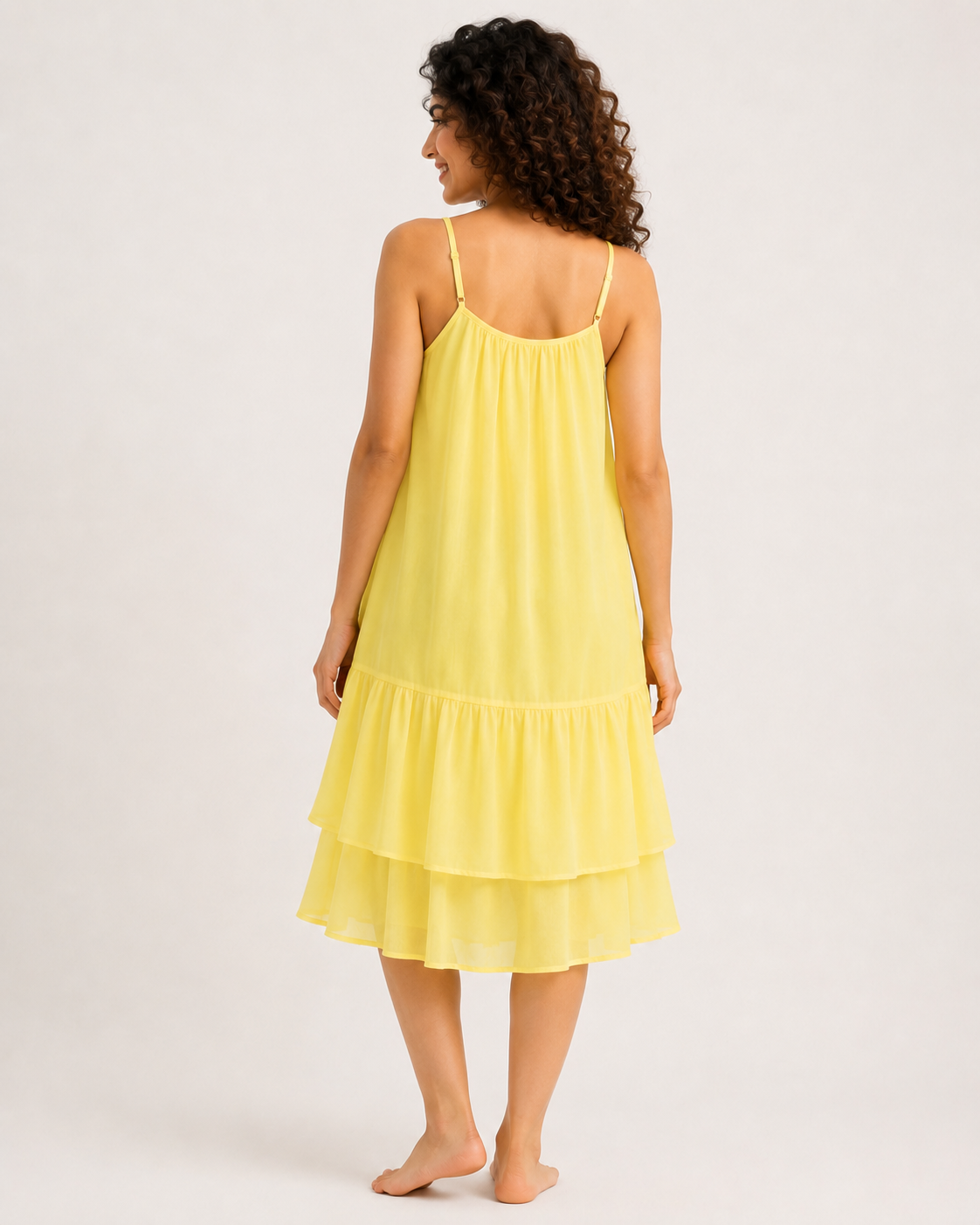 Yellow Tiered Cotton Midi Dress with Adjustable Spaghetti Straps, Side Pockets & Inner Lining